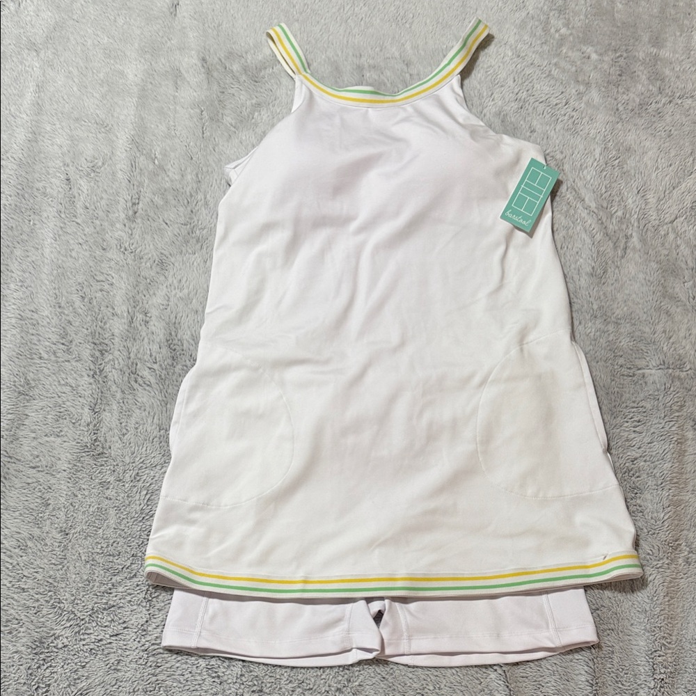 White Sleeveless Dress with Yellow and Green Trim